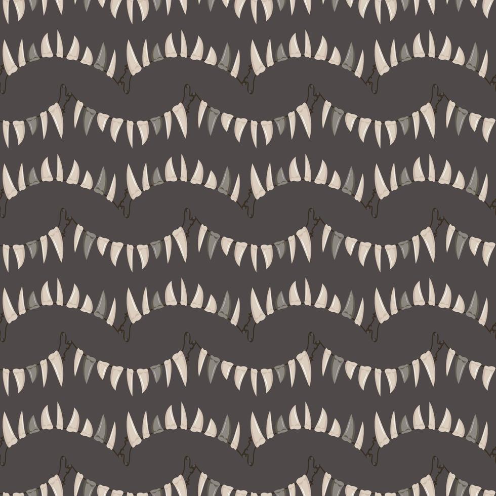 Seamless pattern with beads of fangs and teeth hanging from rope on dark background. Print with Halloween party decoration or necklace. Suitable for postcard, textile and design vector