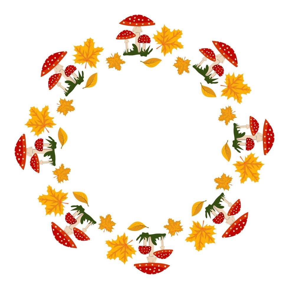 Round frame with red fly agaric mushroom with white dots and yellow maple leaves. Bright autumn wreath with gifts of nature and empty space for text. Decoration for halloween and holiday vector