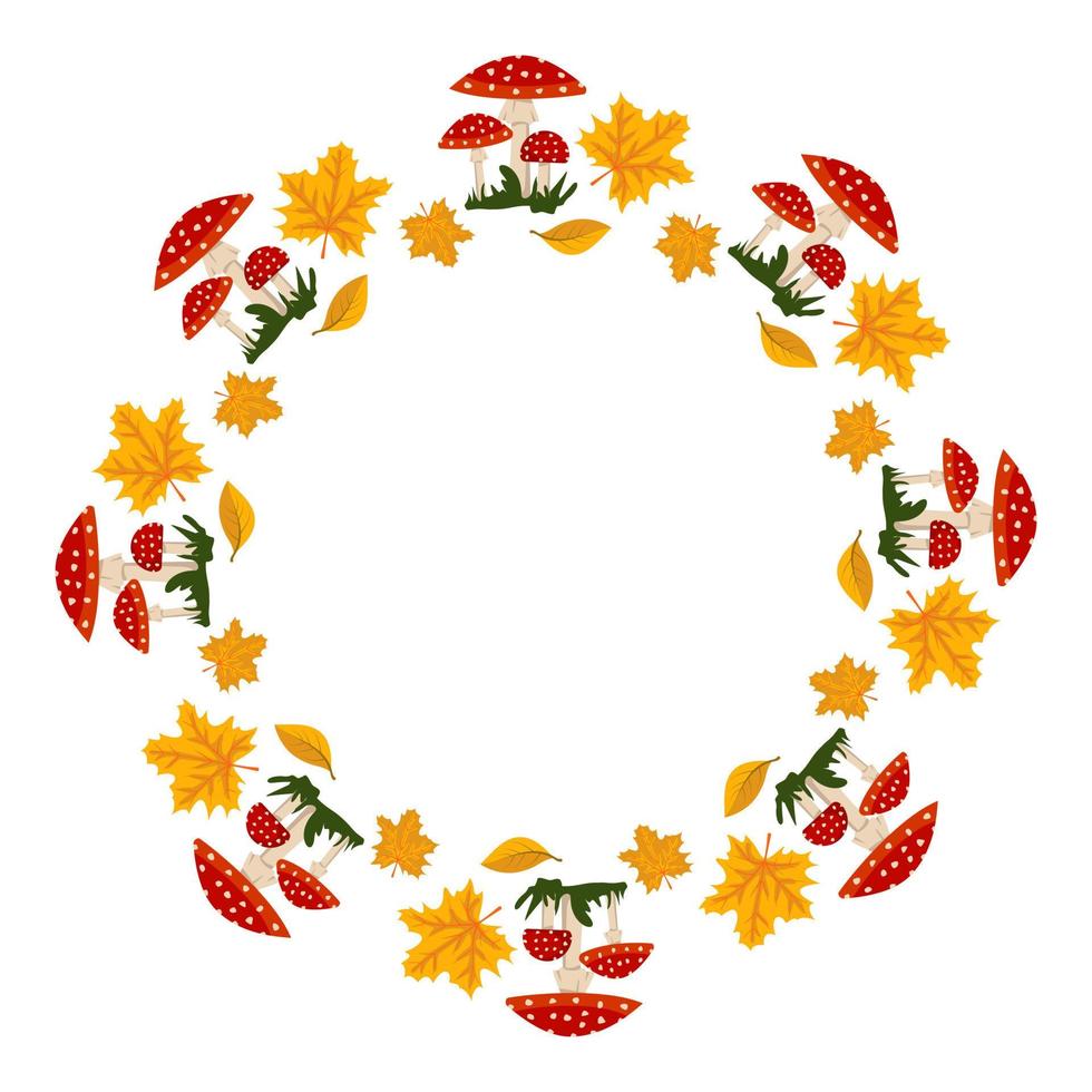 Round frame with red fly agaric mushroom with white dots and yellow maple leaves. Bright autumn wreath with gifts of nature and empty space for text. Decoration for halloween and holiday vector