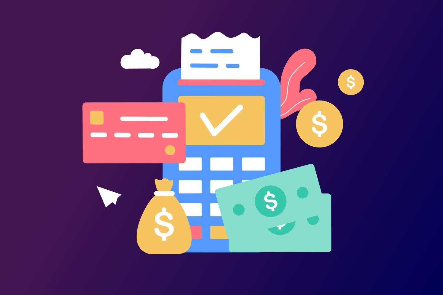 Bill payment with credit card for online shopping. Concept of payment processing, financial transactions, transfer, bank card, terminal for buying process, monetary currencies. Vector illustration.