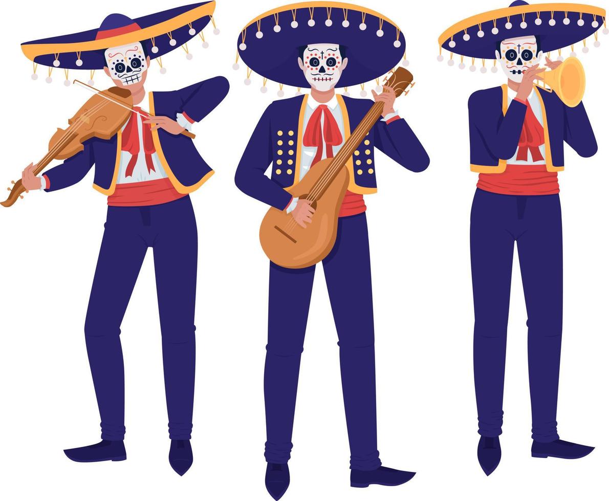 músicos en disfraces mexicanos personajes vectoriales de color semiplano. figuras editables. personas de cuerpo completo en blanco. ilustración de estilo de dibujos animados simple del día de muertos para diseño gráfico web y animación vector