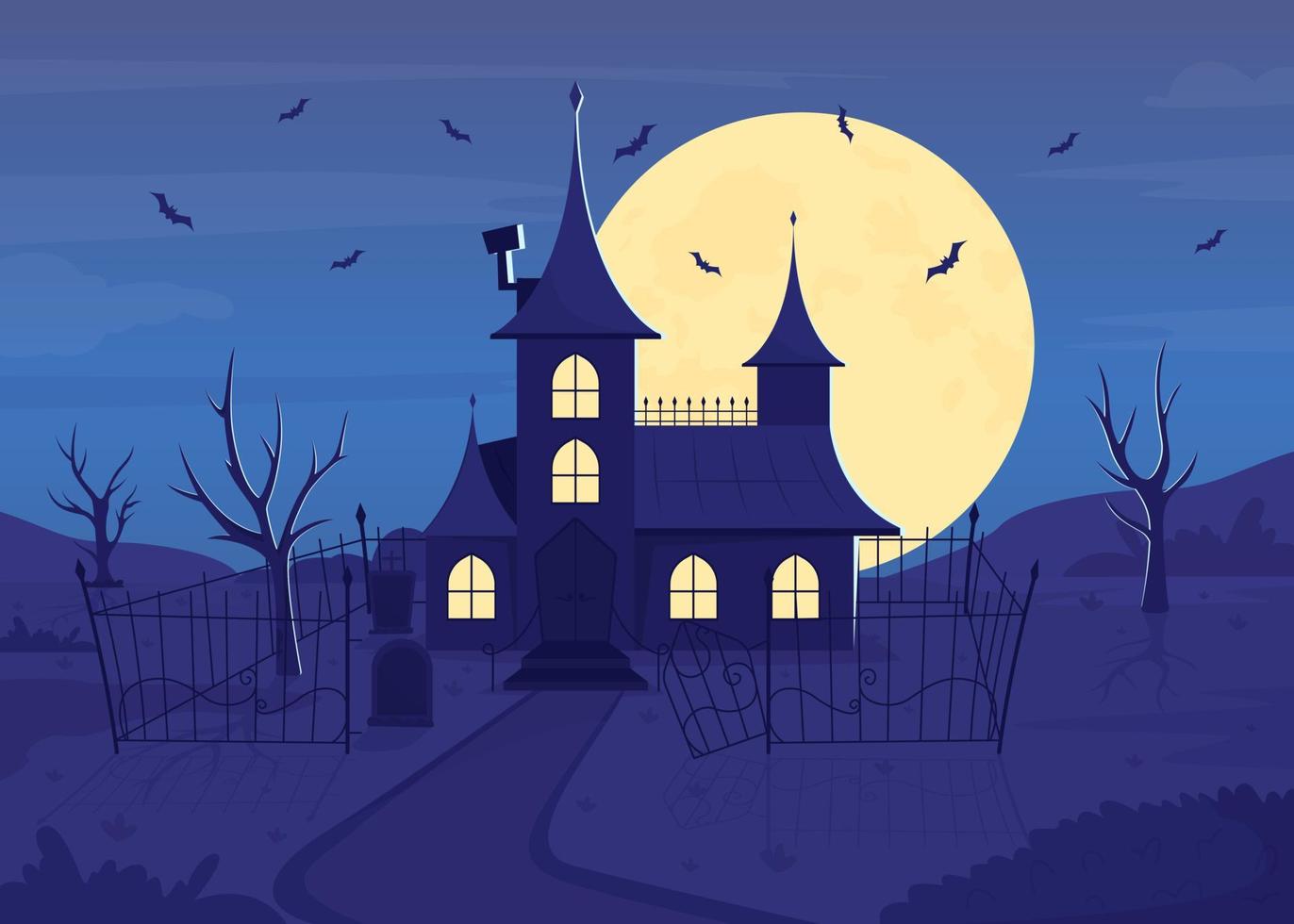 Ilustración de vector de color plano de castillo espeluznante. lápidas en el patio trasero. Noche de Halloween. ambiente siniestro. paisaje de dibujos animados simple 2d completamente editable con luna llena en el fondo