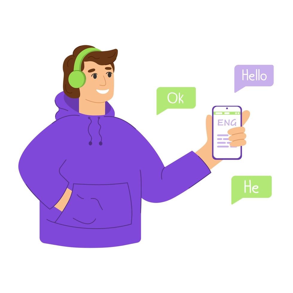 hombre sonriente de dibujos animados en los auriculares sosteniendo el teléfono en la mano. hombre usando una aplicación móvil para aprender un idioma extranjero. vector