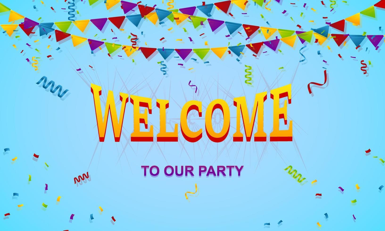 welcome banner with confetti and flags in soft blue background vector