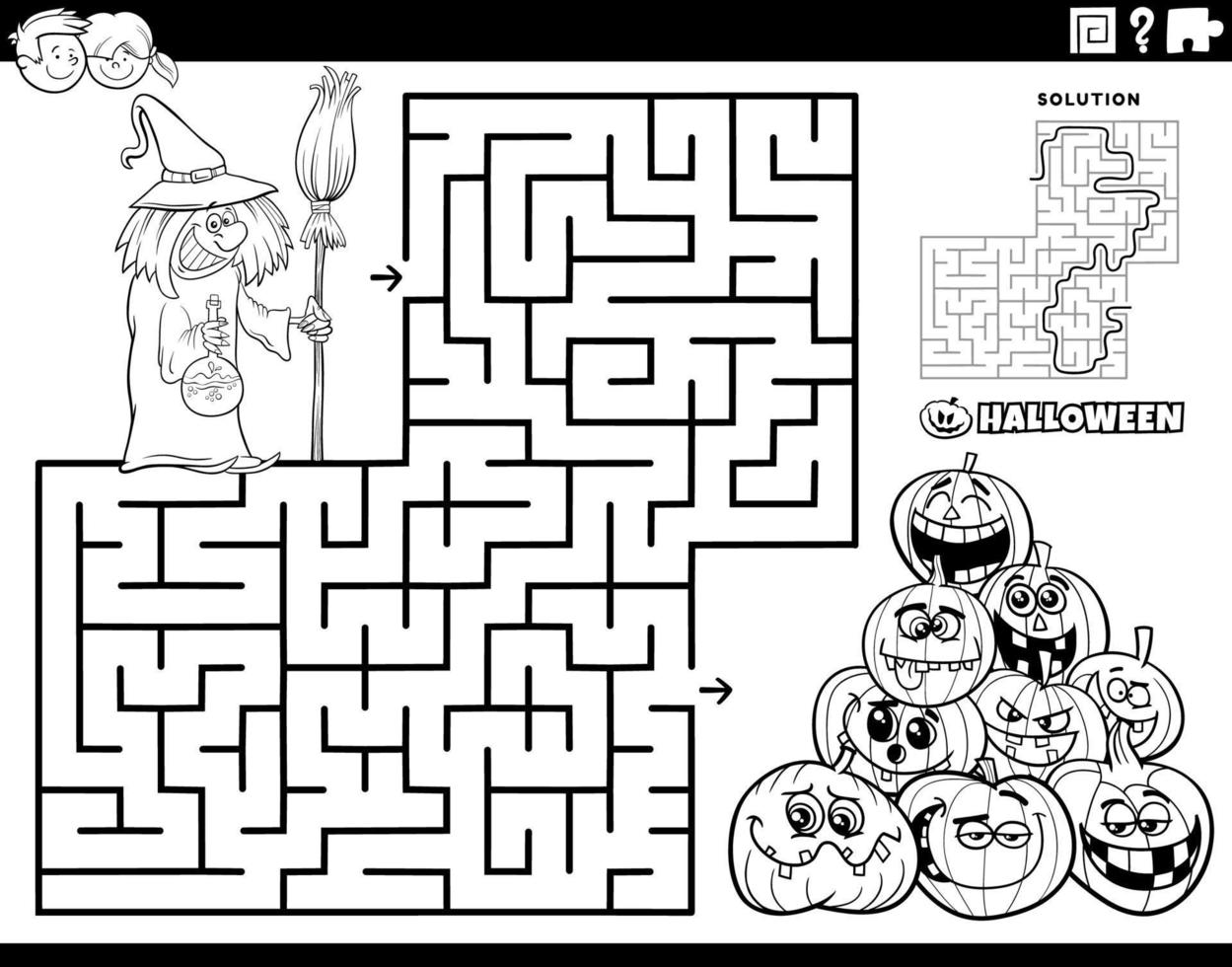 maze with cartoon witch on Halloween time coloring page vector