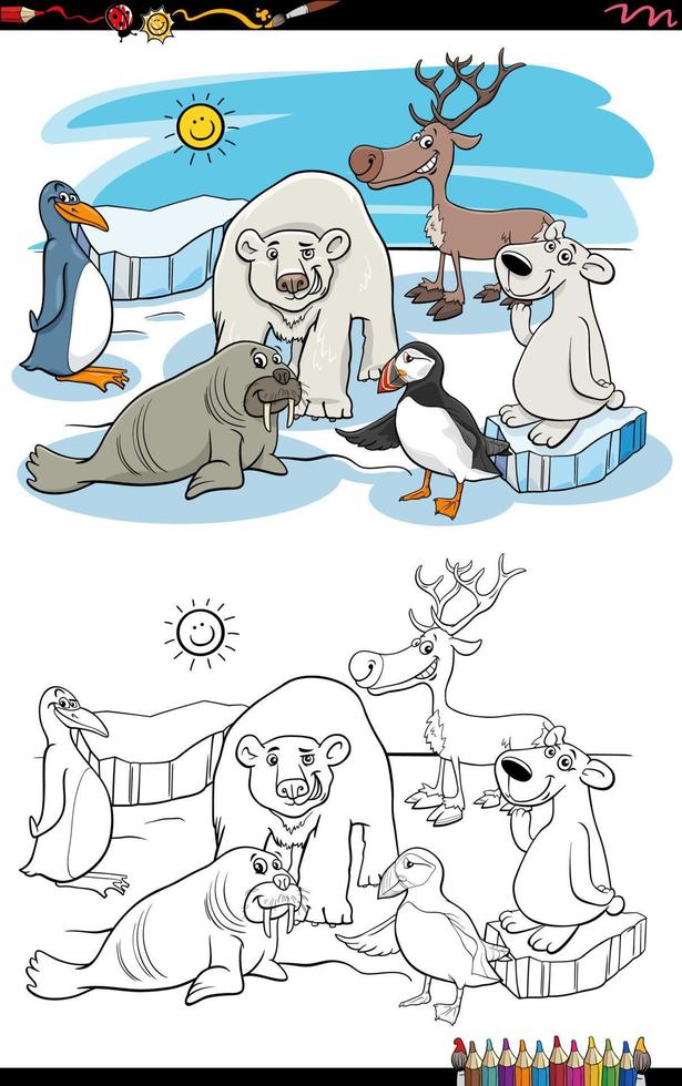 cartoon polar animals characters group coloring page vector