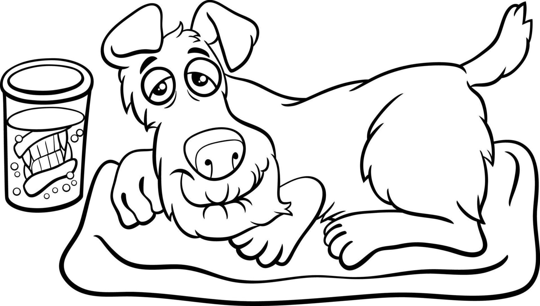 Perro mayor de dibujos animados con dentaduras postizas en un vaso para colorear página vector