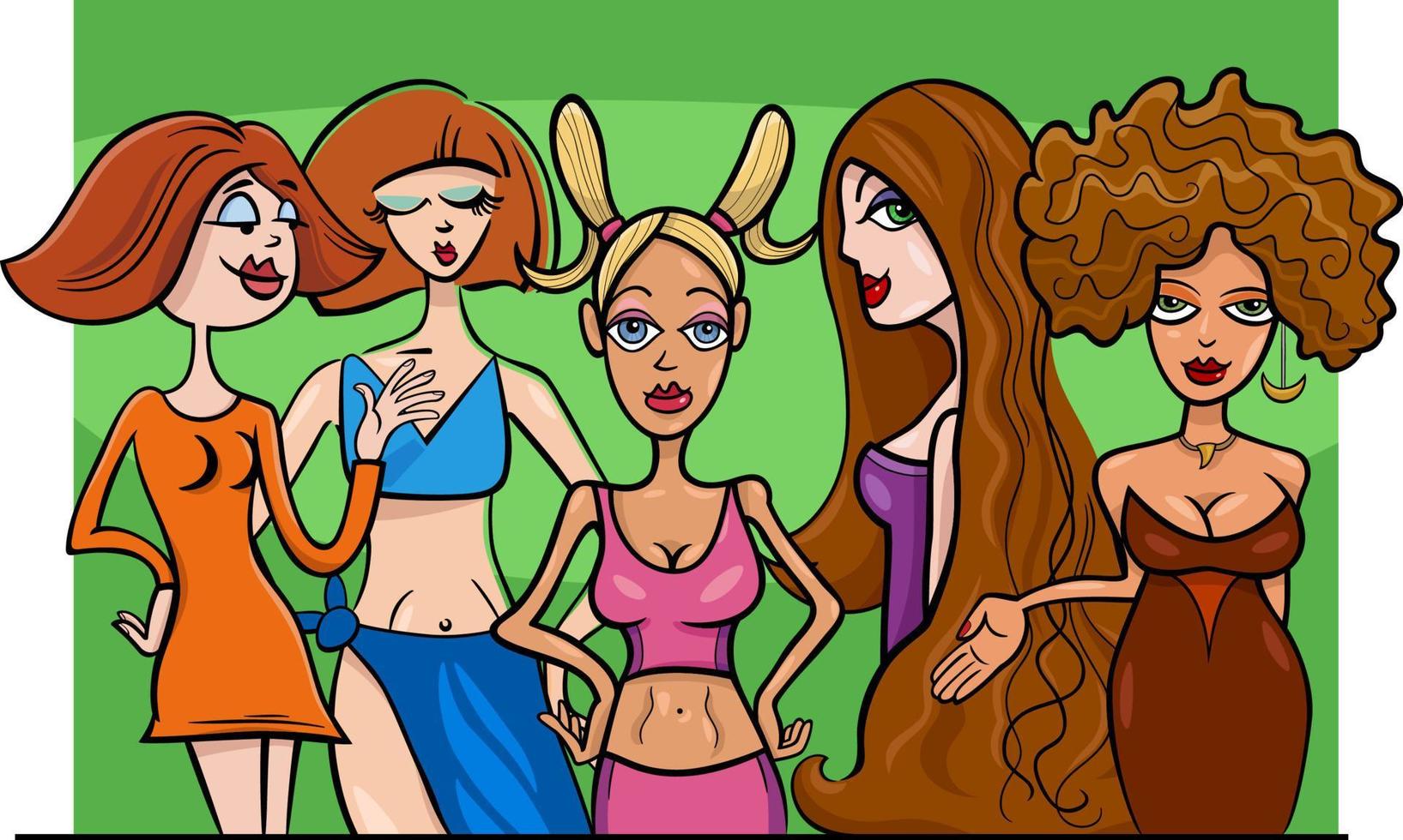 cartoon young girls or women comic characters group vector