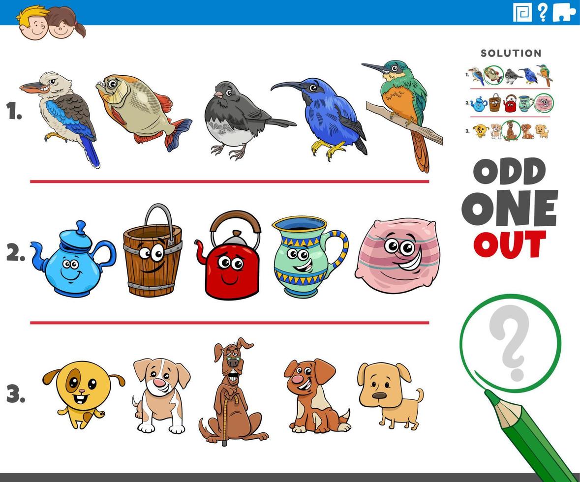 odd one out task with cartoon animal and object characters vector