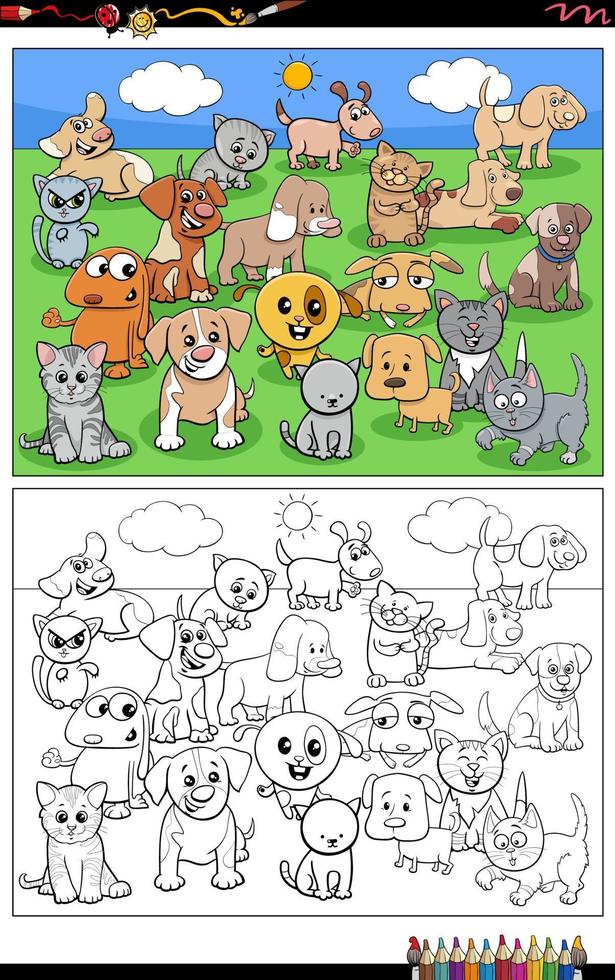 cartoon puppies and kittens group coloring page vector