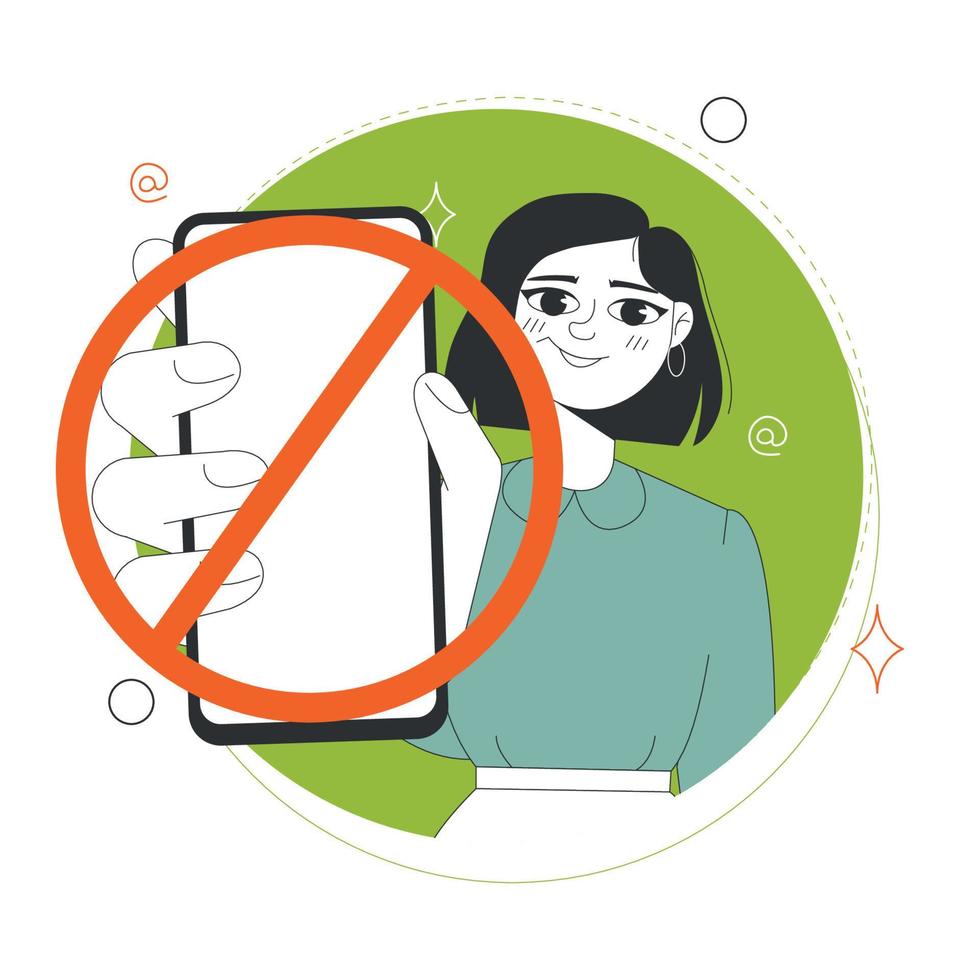 A young woman is holding a smartphone with a warning prohibition restriction sign. Do not use a smartphone. Vector stock illustration isolated on green circle background. Copy space.