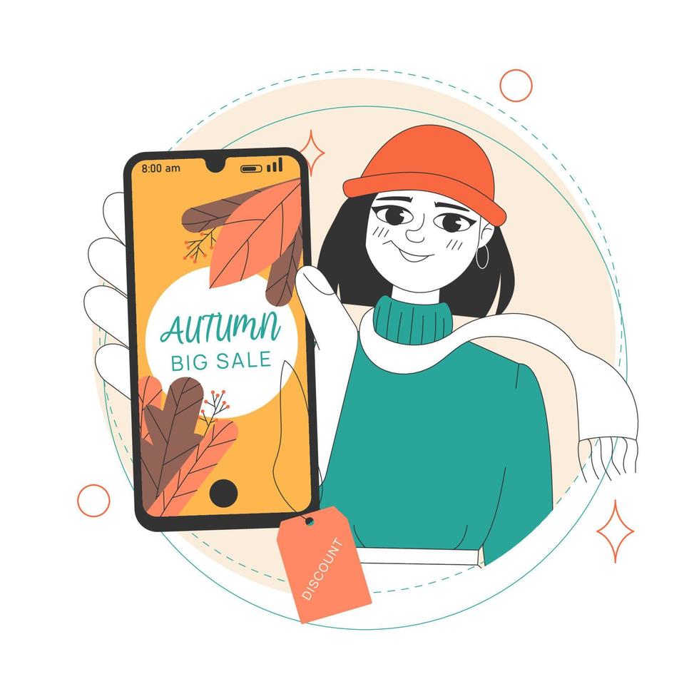 descuento de venta de otoño. mujer con sombrero y bufanda sosteniendo un teléfono inteligente. anuncio de venta en el teléfono inteligente. ilustración de stock vectorial aislada sobre fondo blanco. vector