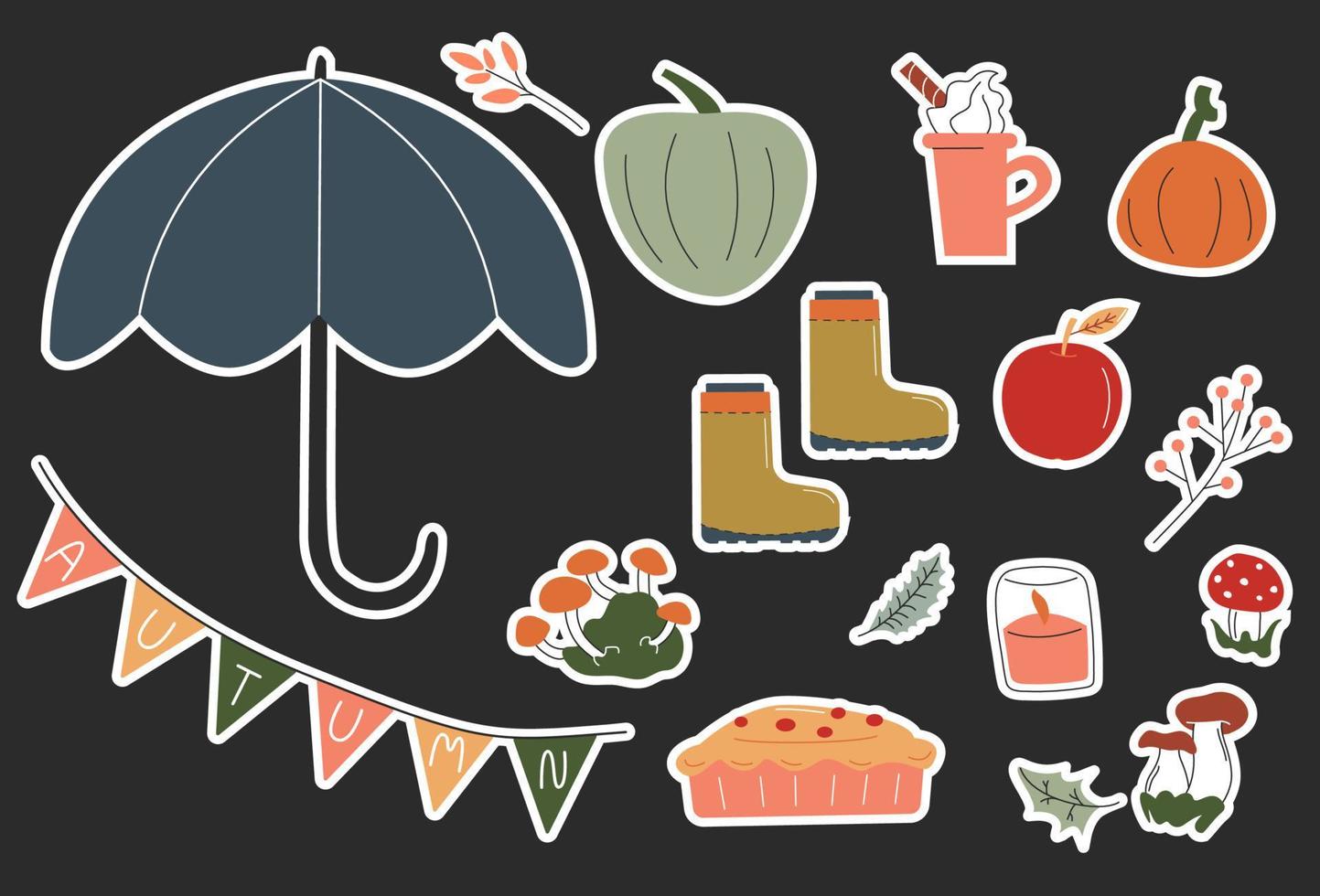 A collection of hand-drawn autumn stickers on a dark background. Isolated icons, stickers. Umbrella, latte, pumpkin, leaves, apple, pie, candle, mushroom. Vector stock illustration on black background