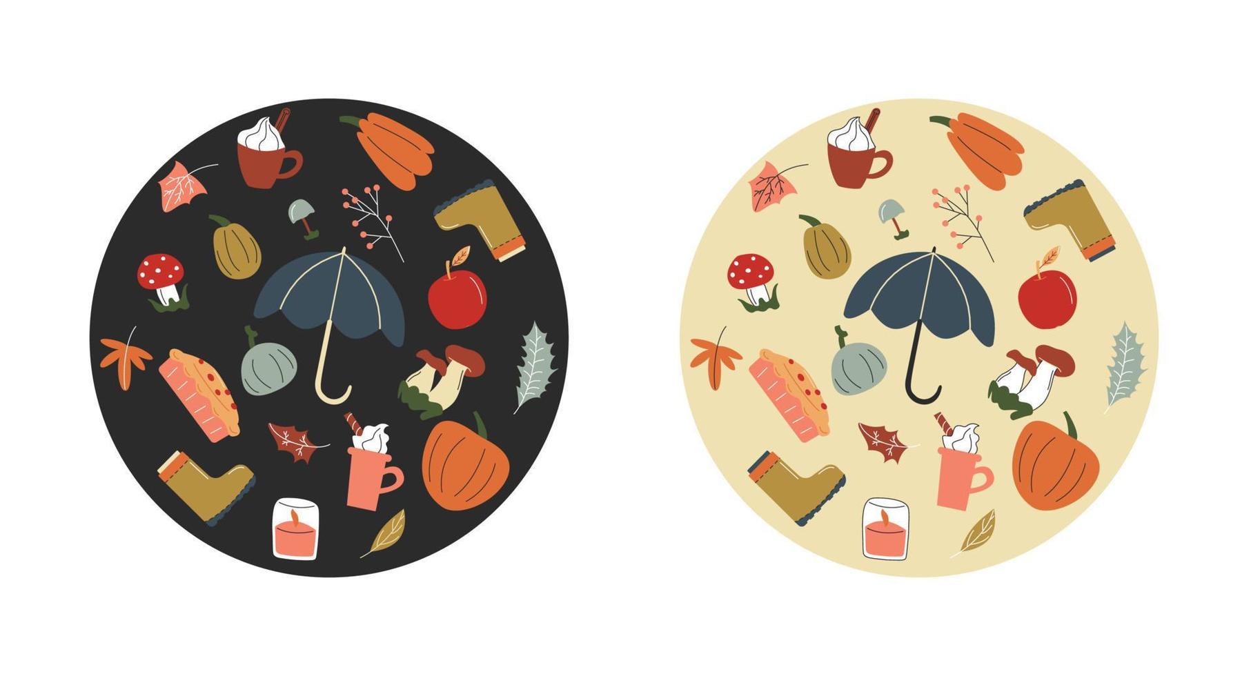 A round circle shape with a collection of hand drawn autumn elements on a light and dark background. Vector stock illustration. Umbrella, latte, pumpkin, leaves, apple, pie, candle, mushroom.