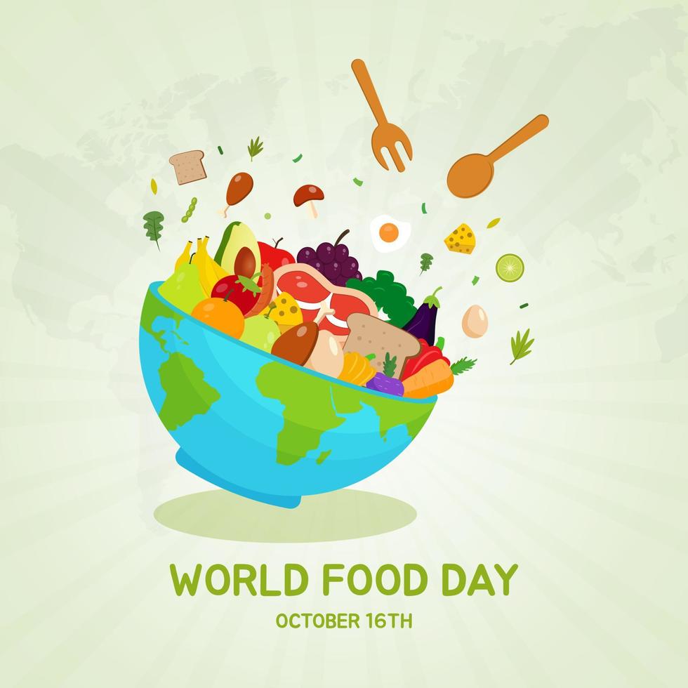 día mundial de la alimentación 16 de octubre con mapas tazón cuchara tenedor comidas frutas y verduras ilustración sobre fondo aislado vector