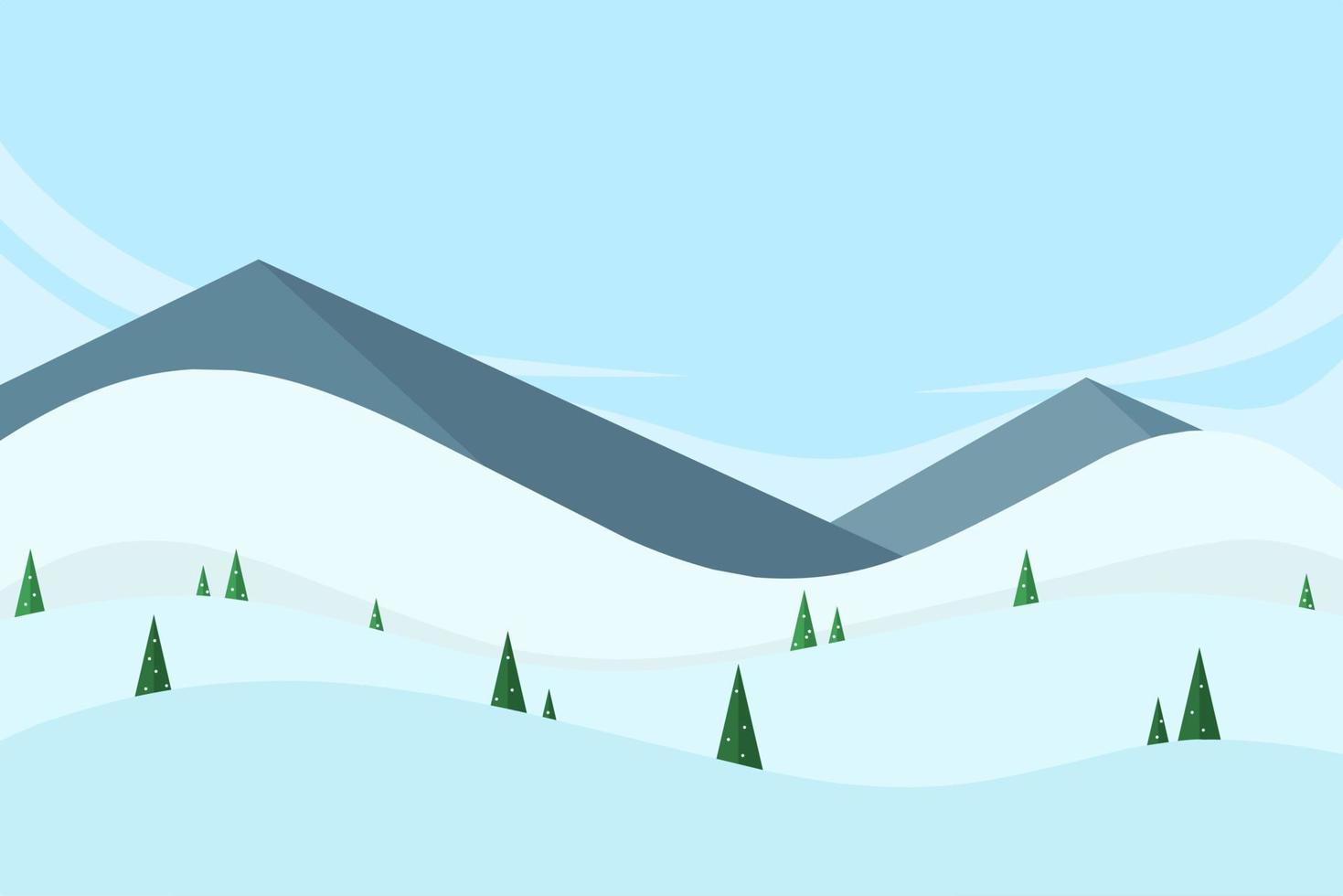 paisaje de vector plano de invierno con montañas y pinos