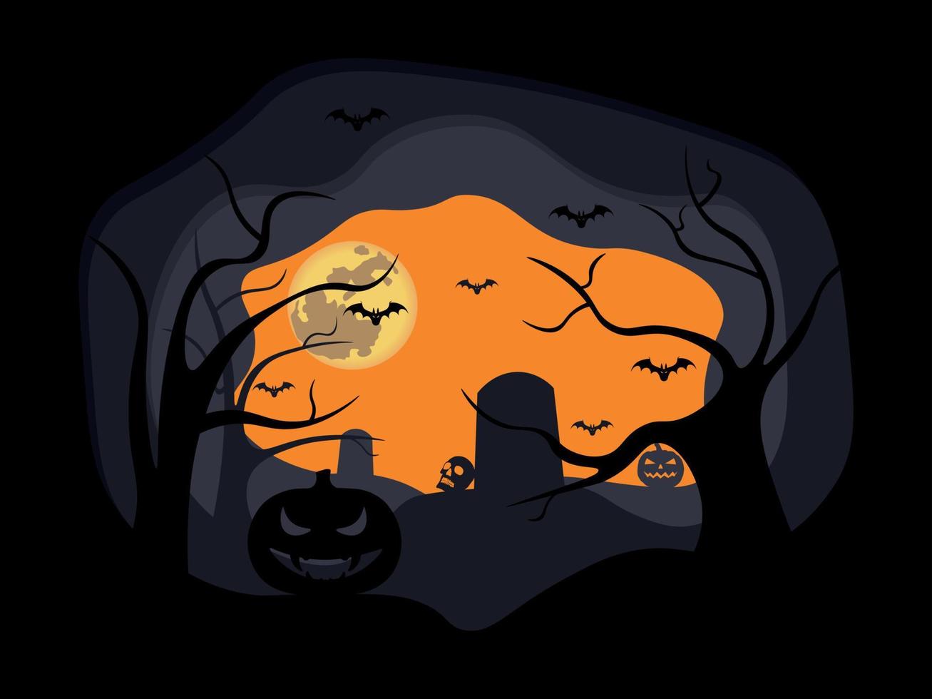 Dense scary forest at halloween night with tombstones, pumpkins and full moon deep effect vector illustration