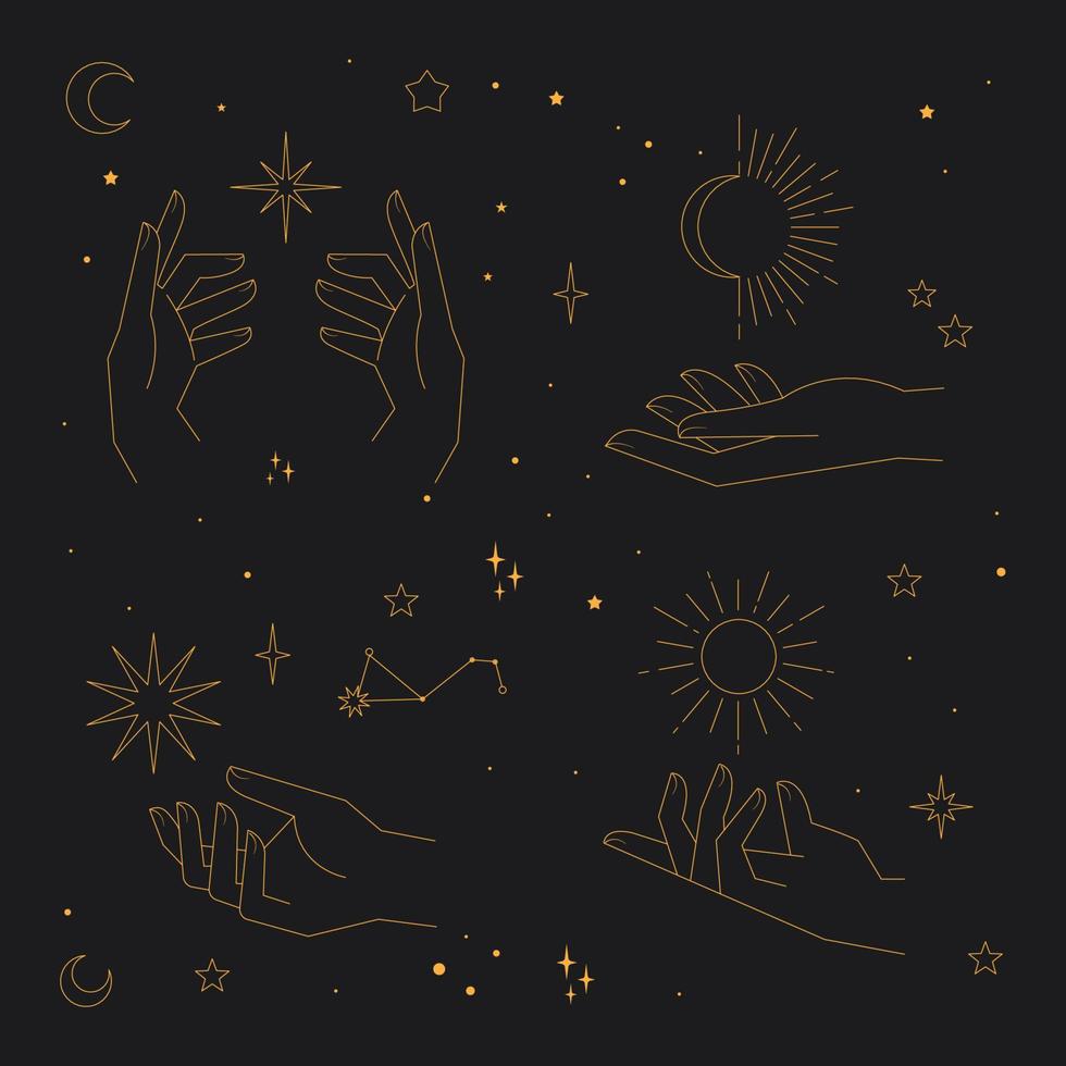 elementos místicos y celestiales con estrellas, planetas, lunas y manos. elementos cósmicos del zodiaco estrellado. diseño vectorial oculto y esotérico. vector