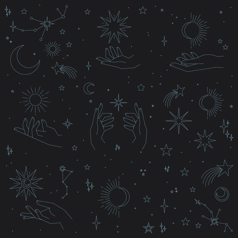 Mystical and Celestial elements with stars, planets, moons and hands. Cosmic starry zodiac elements. Occult, Esoteric vector design.