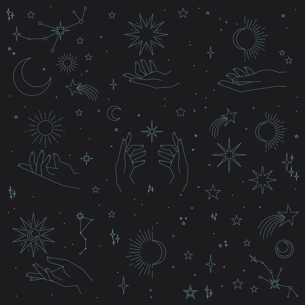 elementos místicos y celestiales con estrellas, planetas, lunas y manos. elementos cósmicos del zodiaco estrellado. diseño vectorial oculto y esotérico. vector