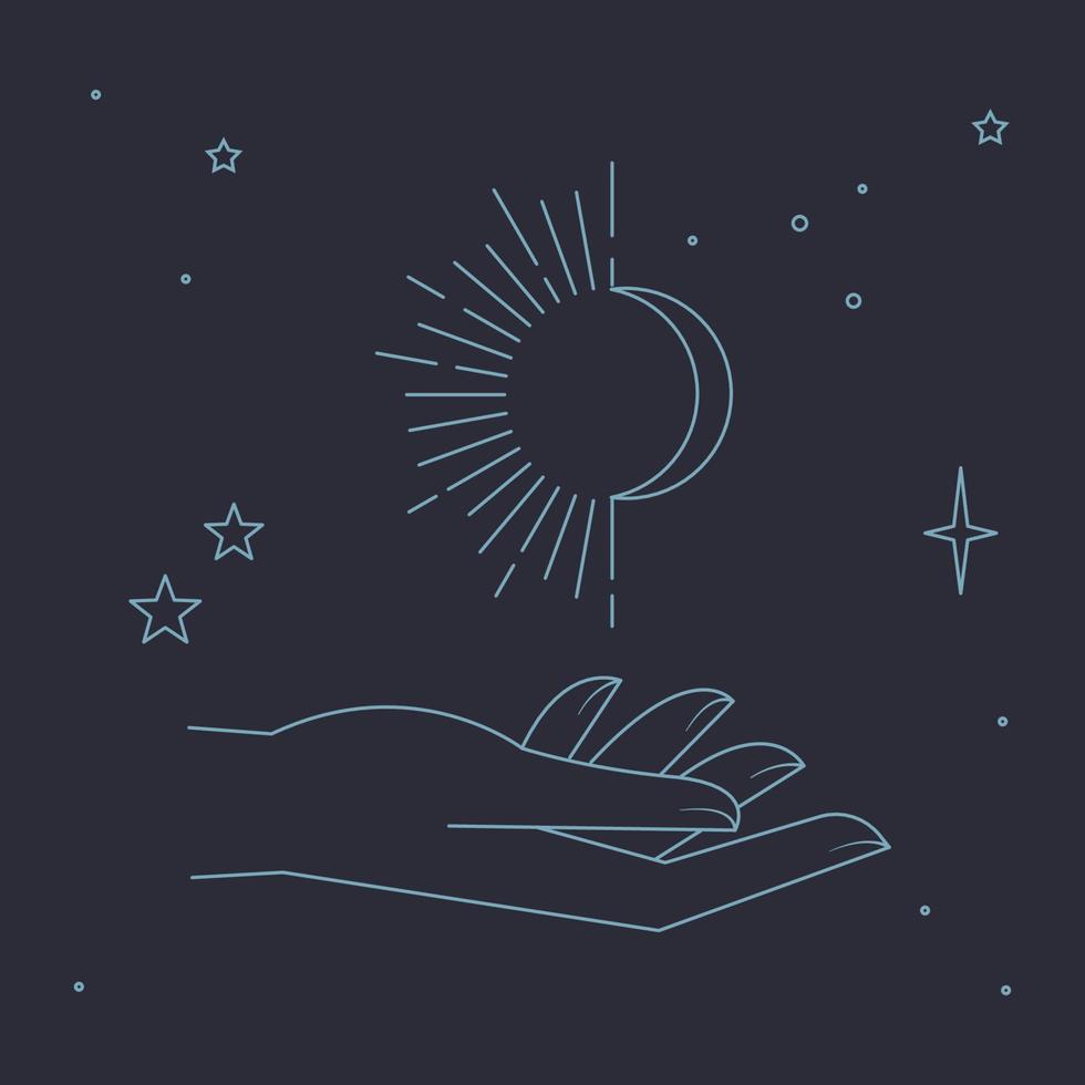 Mystical and Celestial elements with stars, planets, moons and hands. Cosmic starry zodiac elements. Occult, Esoteric vector design.