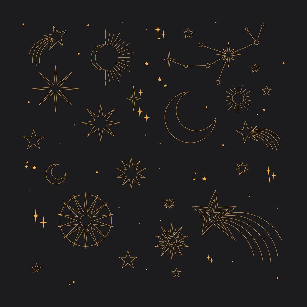Mystical and Celestial elements with stars, planets, moons and hands. Cosmic starry zodiac elements. Occult, Esoteric vector design.