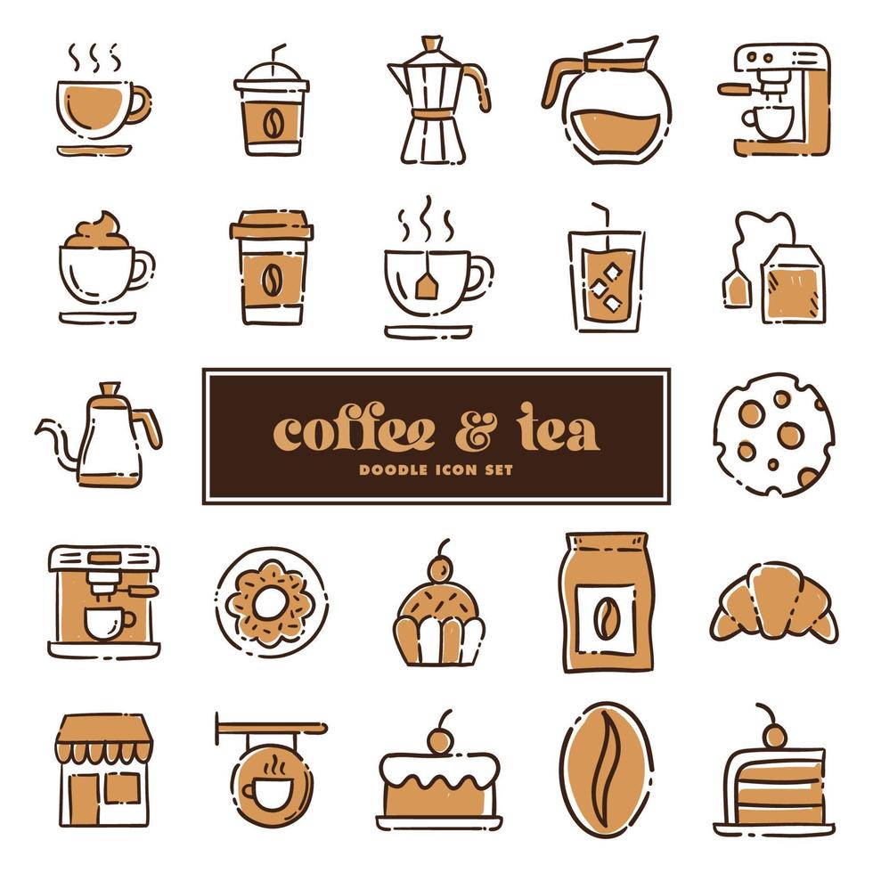 Cafe and Tea shop. Set of hand drawn coffee and tea time doodles, drinks, desserts, beans and other related objects. vector