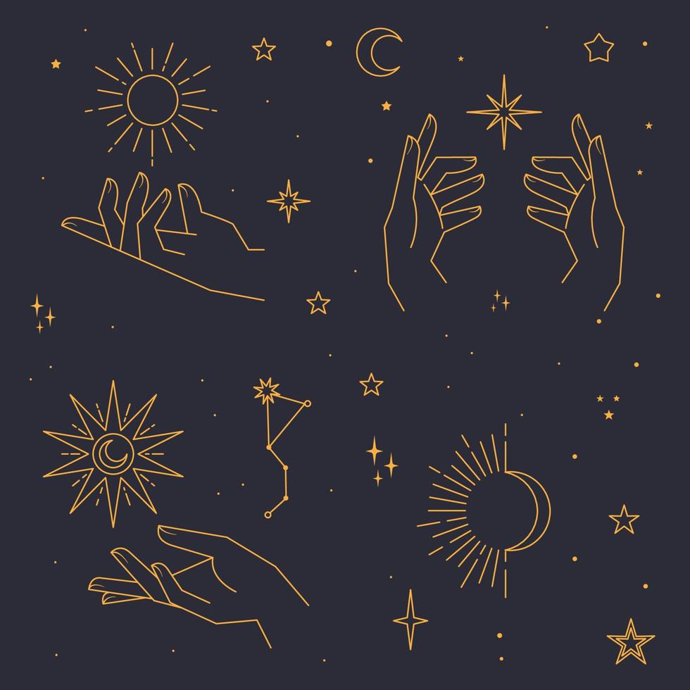 Mystical and Celestial elements with stars, planets, moons and hands. Cosmic starry zodiac elements. Occult, Esoteric vector design.