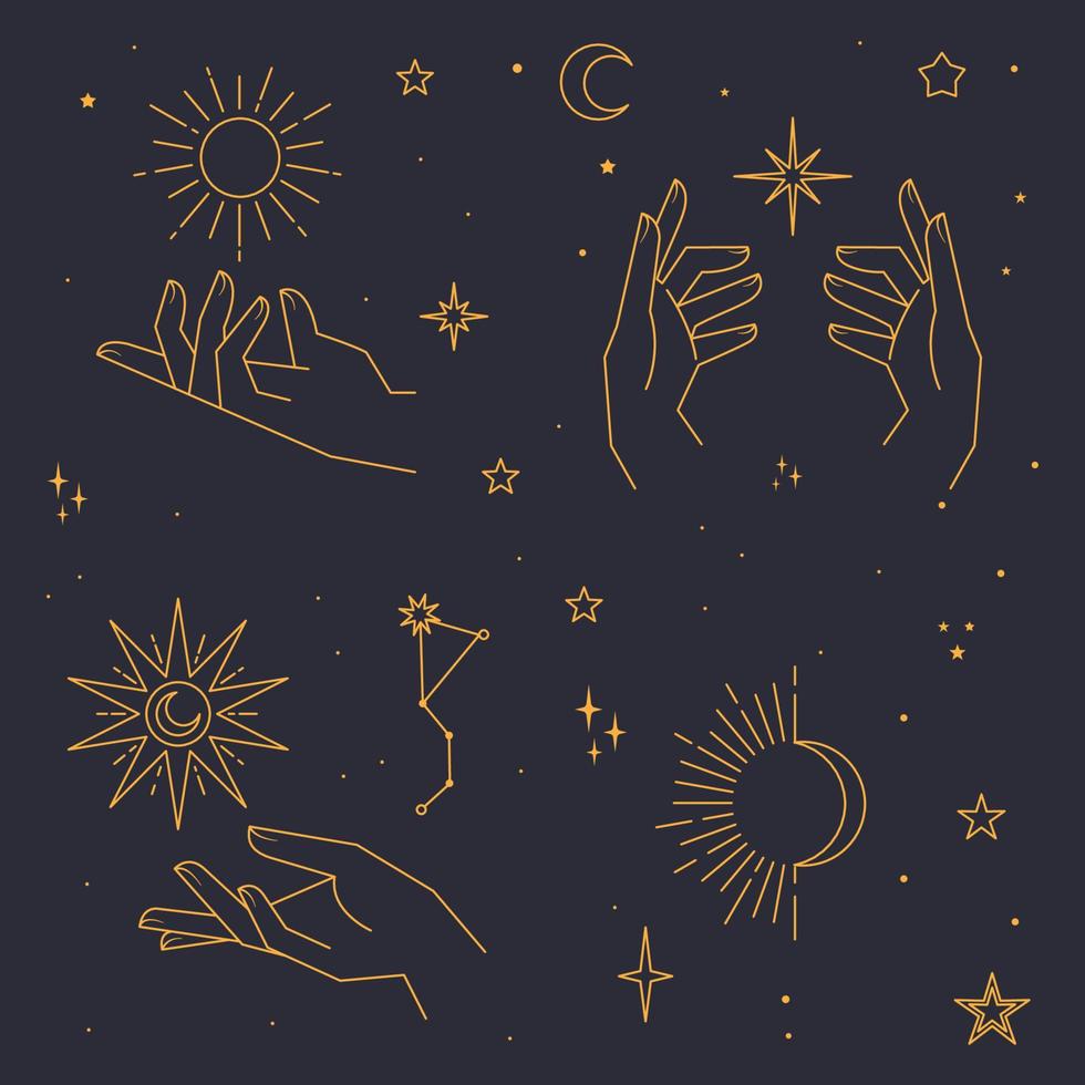 elementos místicos y celestiales con estrellas, planetas, lunas y manos. elementos cósmicos del zodiaco estrellado. diseño vectorial oculto y esotérico. vector