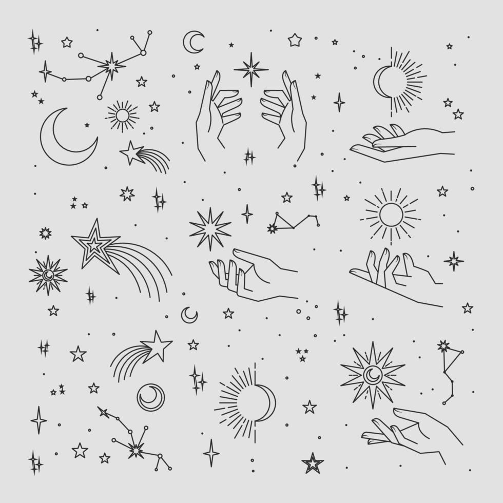 astrología manos humanas con estrellas en estilo boho. elementos esotéricos. espiritualidad y símbolos mágicos. vector