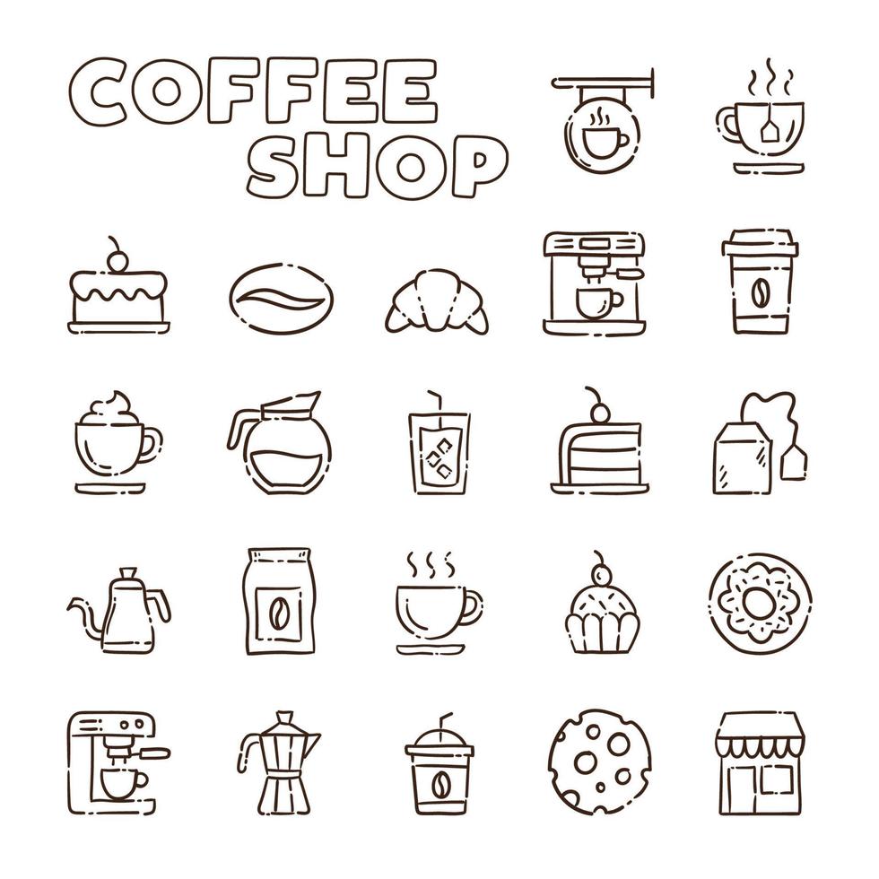 Cafe and Tea shop. Set of hand drawn coffee and tea time doodles, drinks, desserts, beans and other related objects. vector