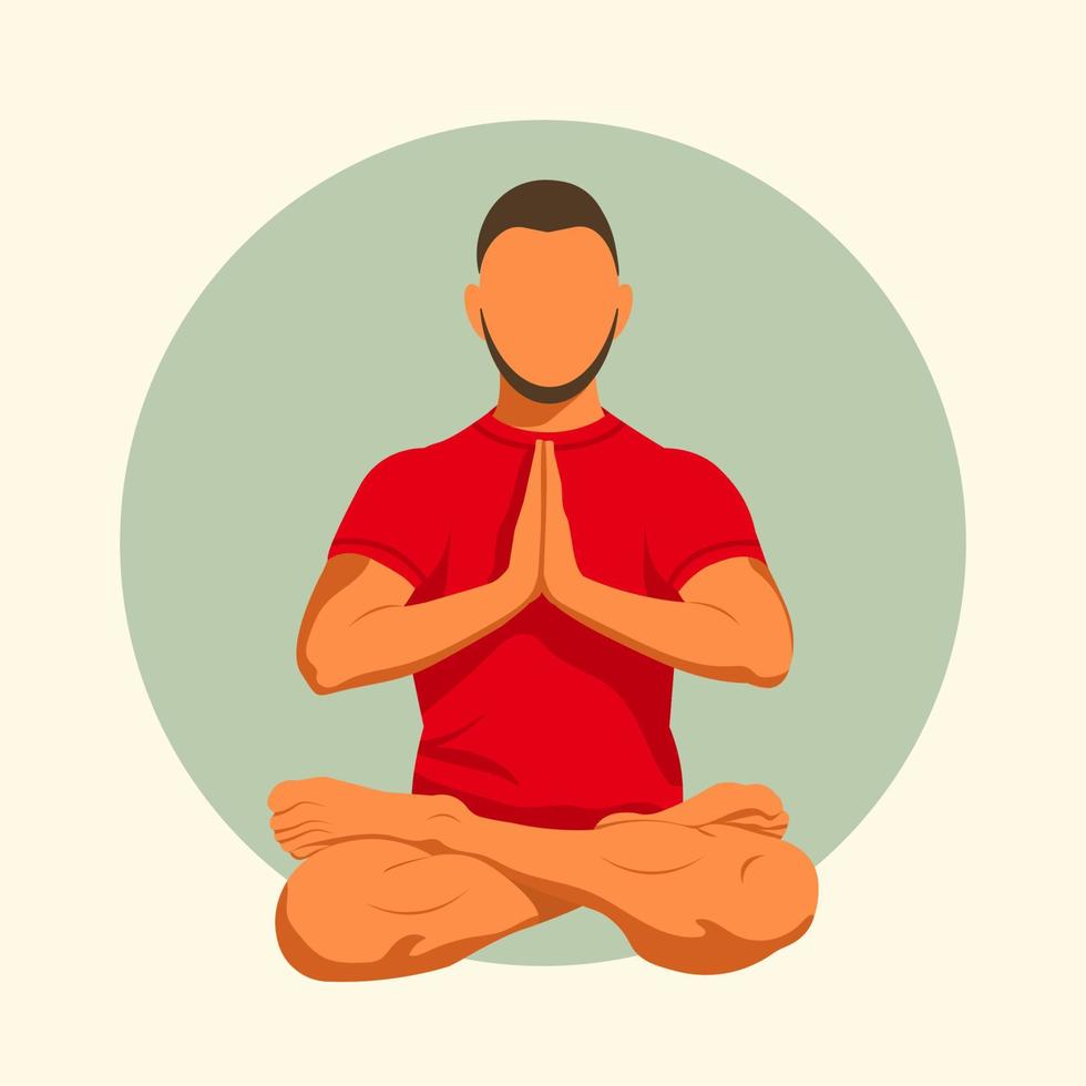 Illustration of a man in a faceless style, sitting in a lotus position with namaste hands vector