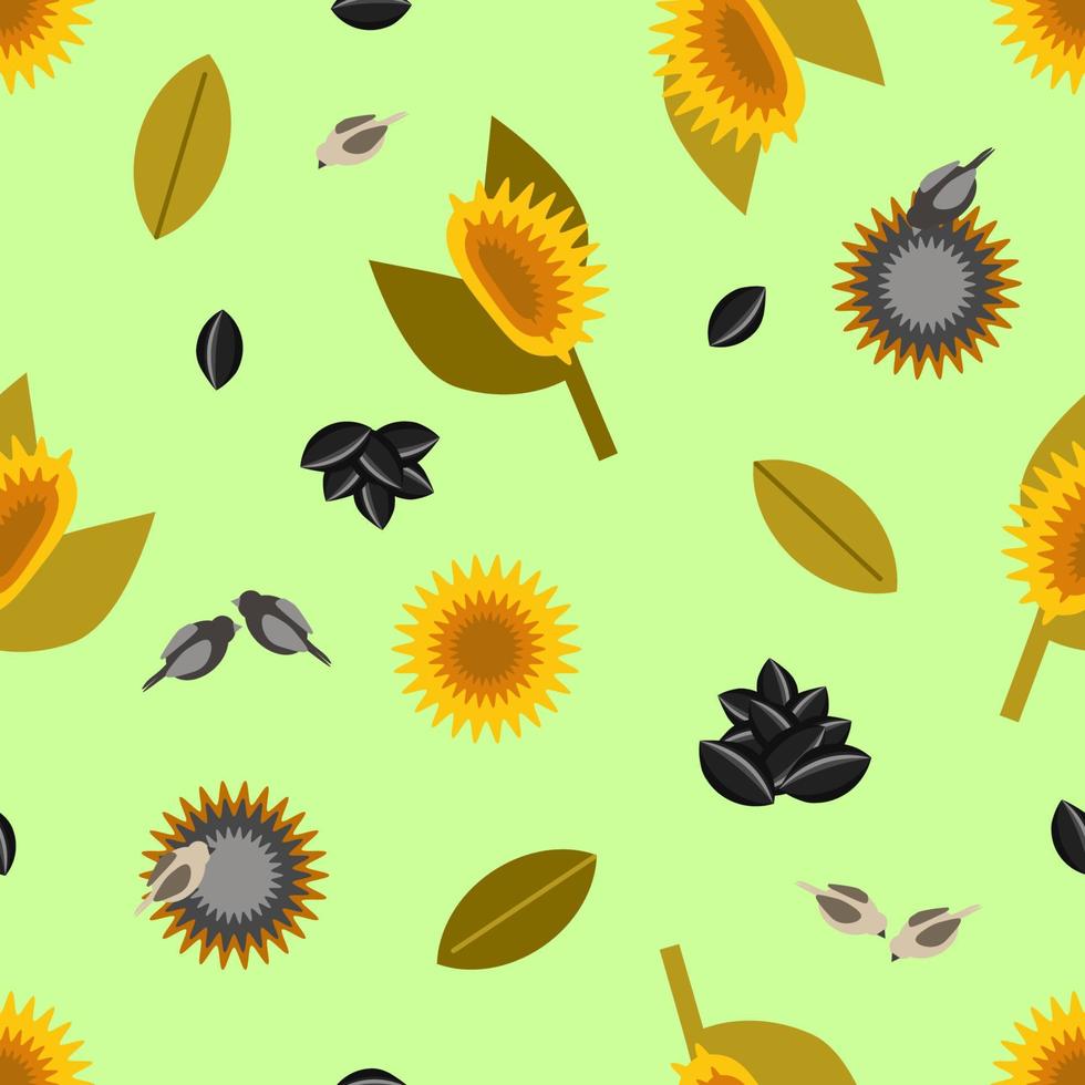 Sunflower seamless pattern vector with birds eating seeds