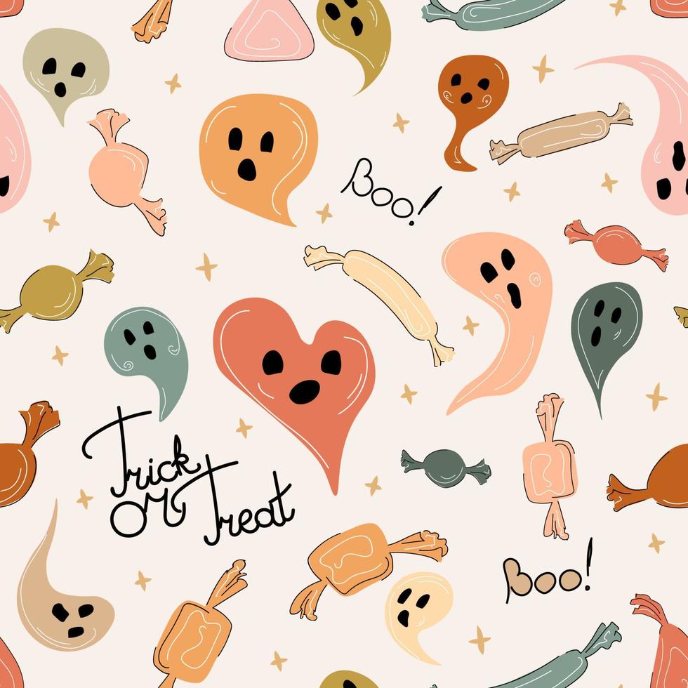 Ilustración de vector de patrones sin fisuras boho halloween con fantasmas y caramelos