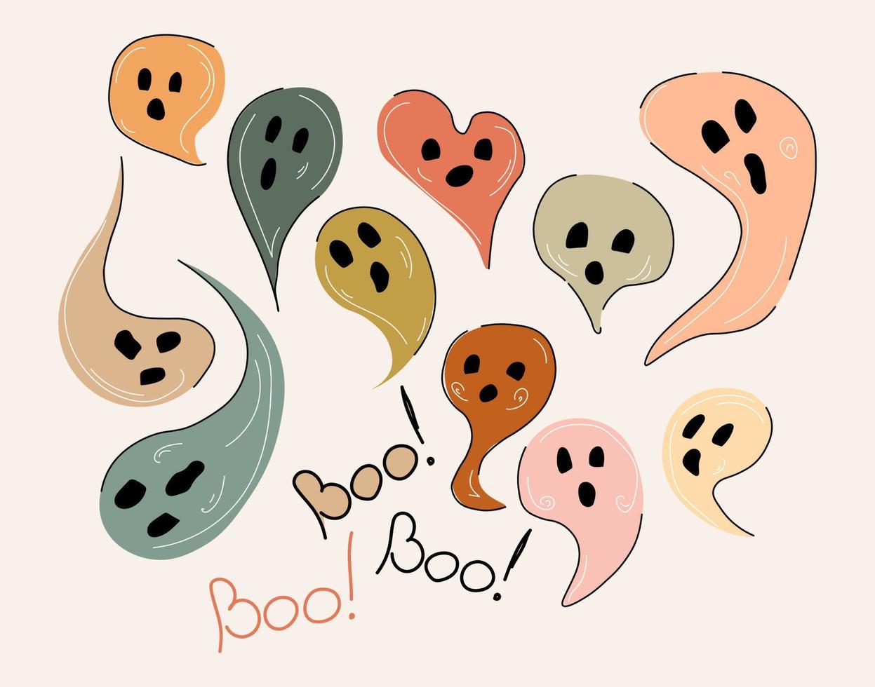 Halloween ghosts boho set vector illustration isolated on white background