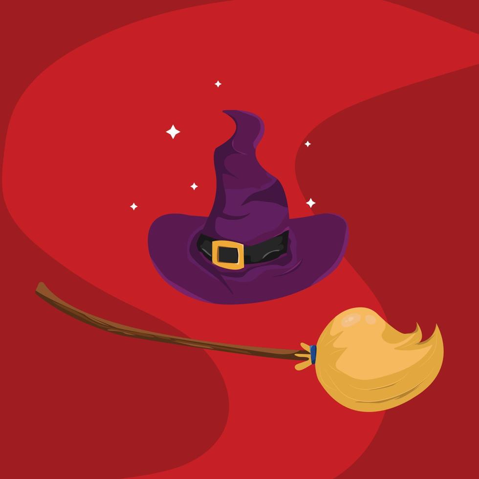 sombreros y escobas de halloween con decoraciones de estrellas y fondo rojo vector