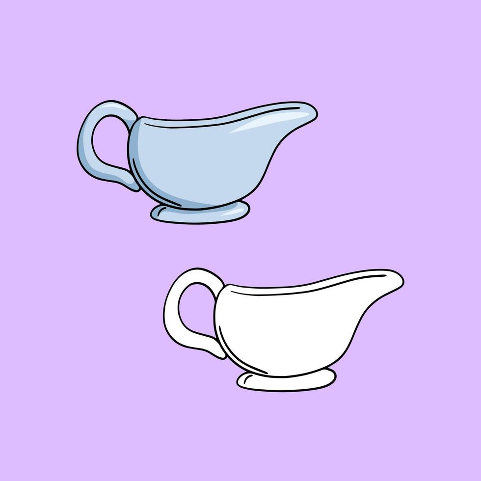 A set of icons, a small ceramic saucepan, a vessel for cream, milk, a vector illustration in cartoon style on a colored background