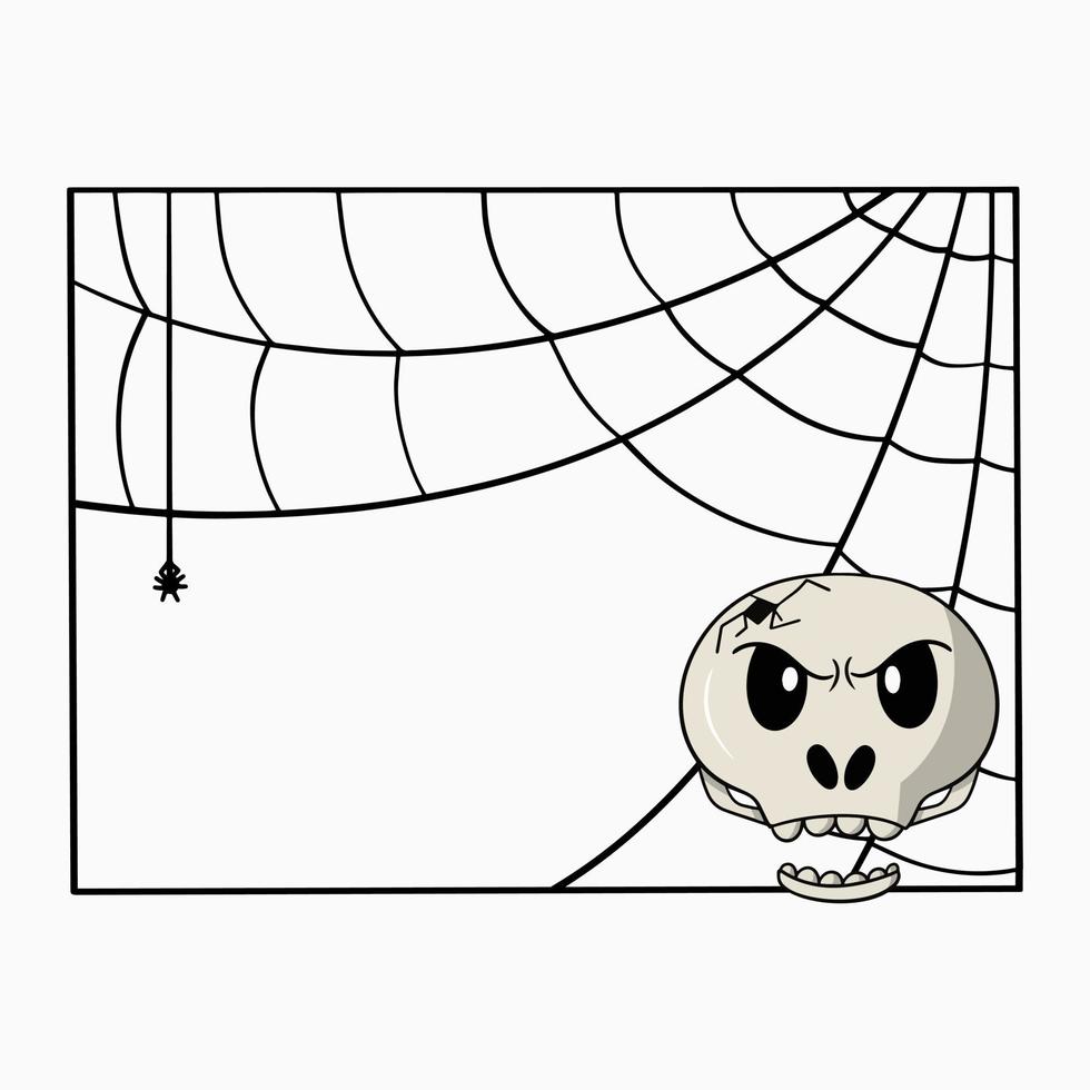 Square decorative frame, broken angry skull with spider web, copy space, vector illustration in cartoon style