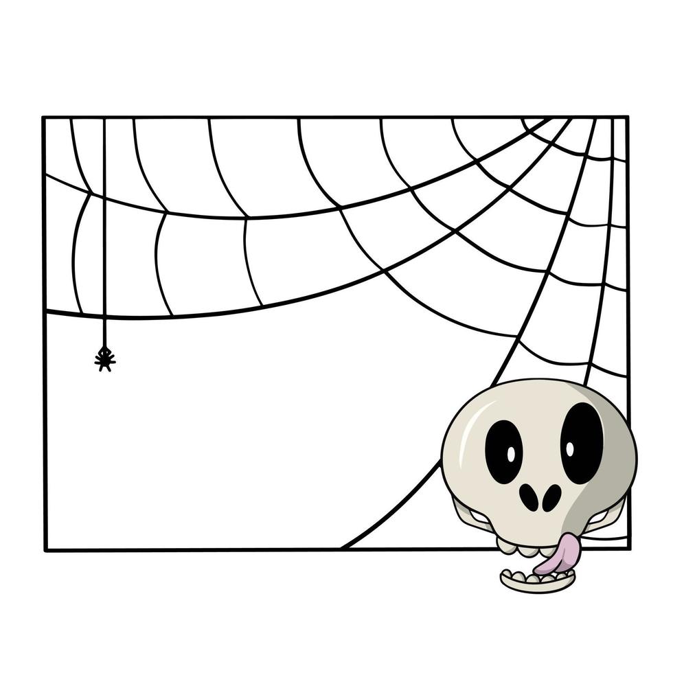Square decorative frame with spider web, skull with tongue, licking, copy space, vector illustration in cartoon style
