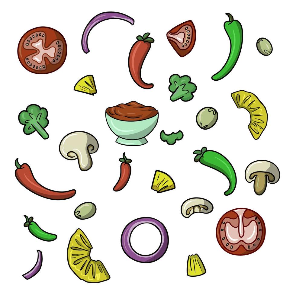 un conjunto de colores de ingredientes de ensalada, rodajas de piña, tomates y pimientos, brócoli y aceitunas, ilustración vectorial en estilo de dibujos animados sobre un fondo blanco vector