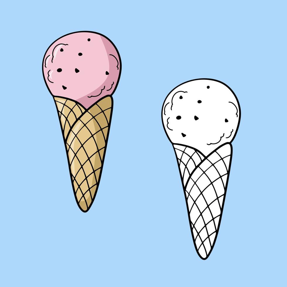 Set of icons, Pink fruit cold ice cream in a waffle cone with chocolate chips, vector illustration in cartoon style on a colored background