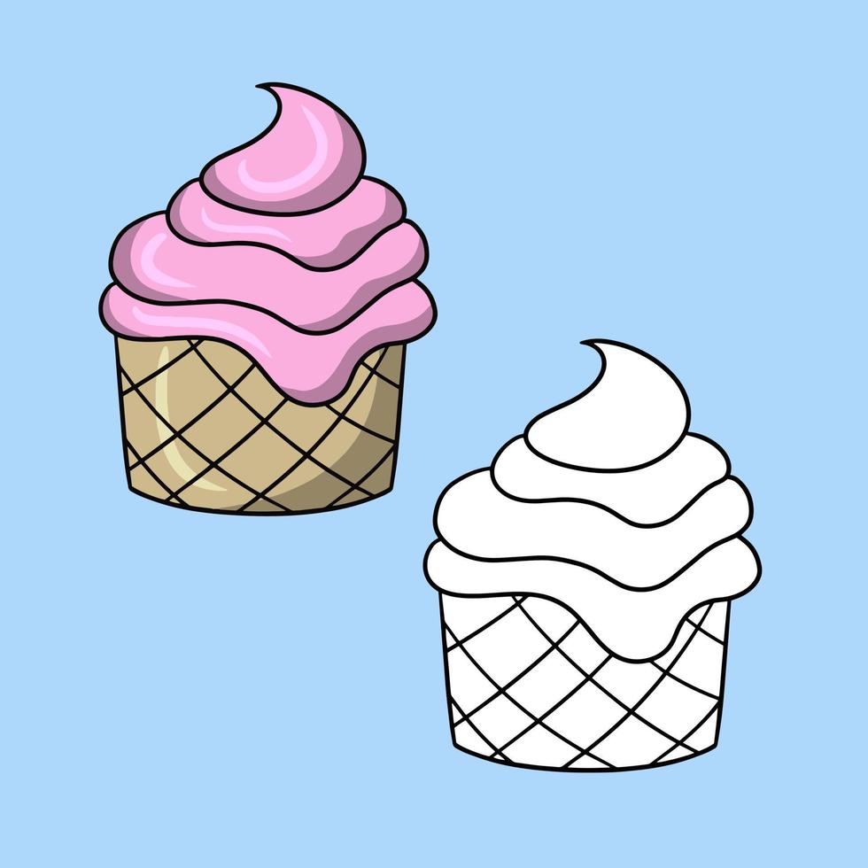 Set of icons, Pink delicious cupcake with delicate cream, vector illustration in cartoon style on a colored background