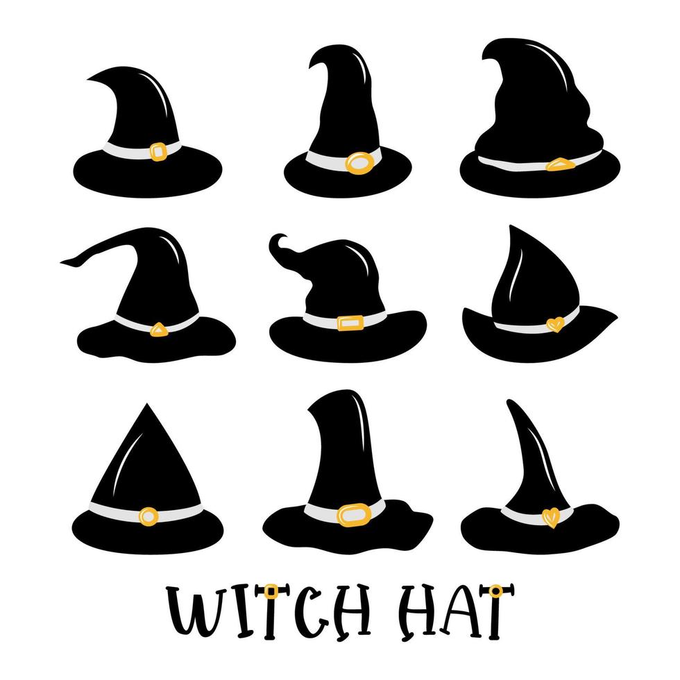 Set of black witch hats with belt. Different forms. Vector illustration. Flat design. Halloween concept. Template of print, graphic element.