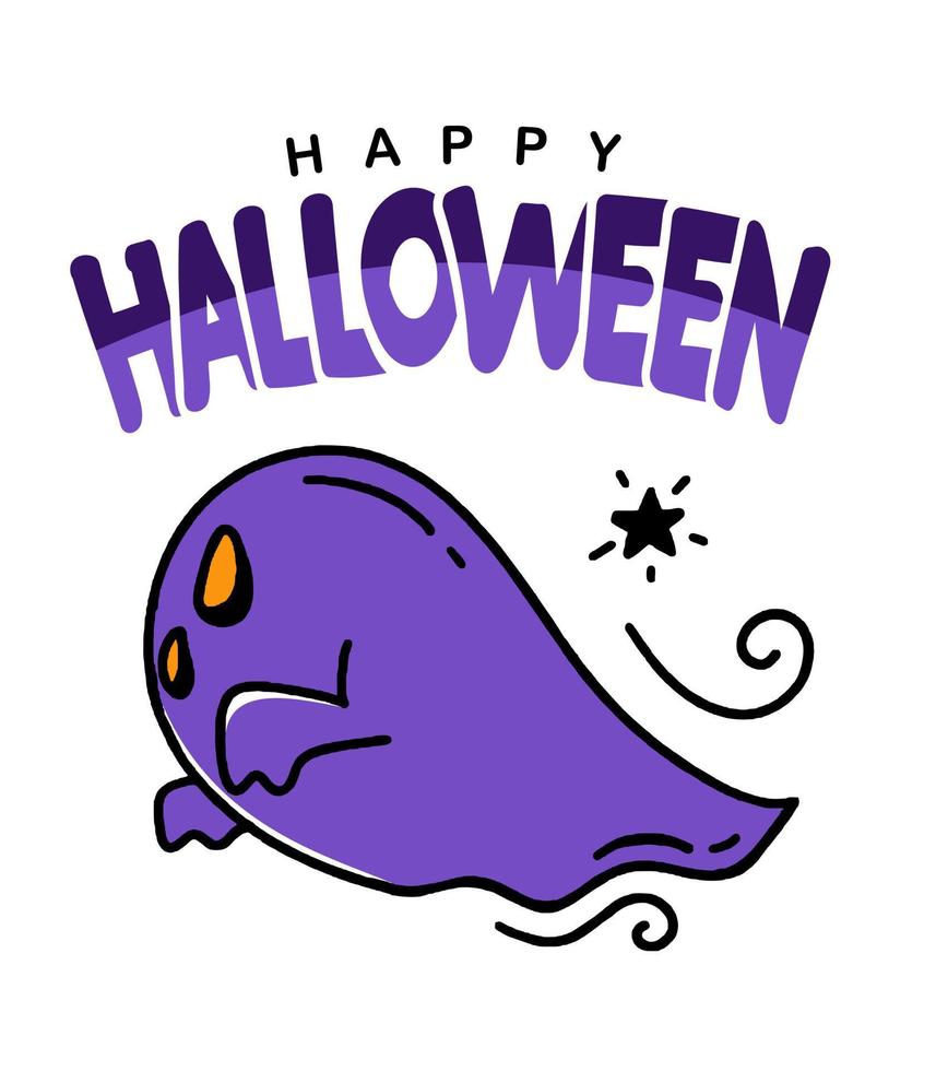 banner de cartel de tarjeta de felicitación de halloween con una ilustración fantasma de diseño de estilo de doodle vectorial sobre un fondo blanco vector