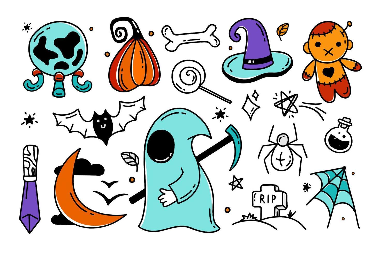 Set of Halloween elements Doodle style vector design illustration Isolated on white background