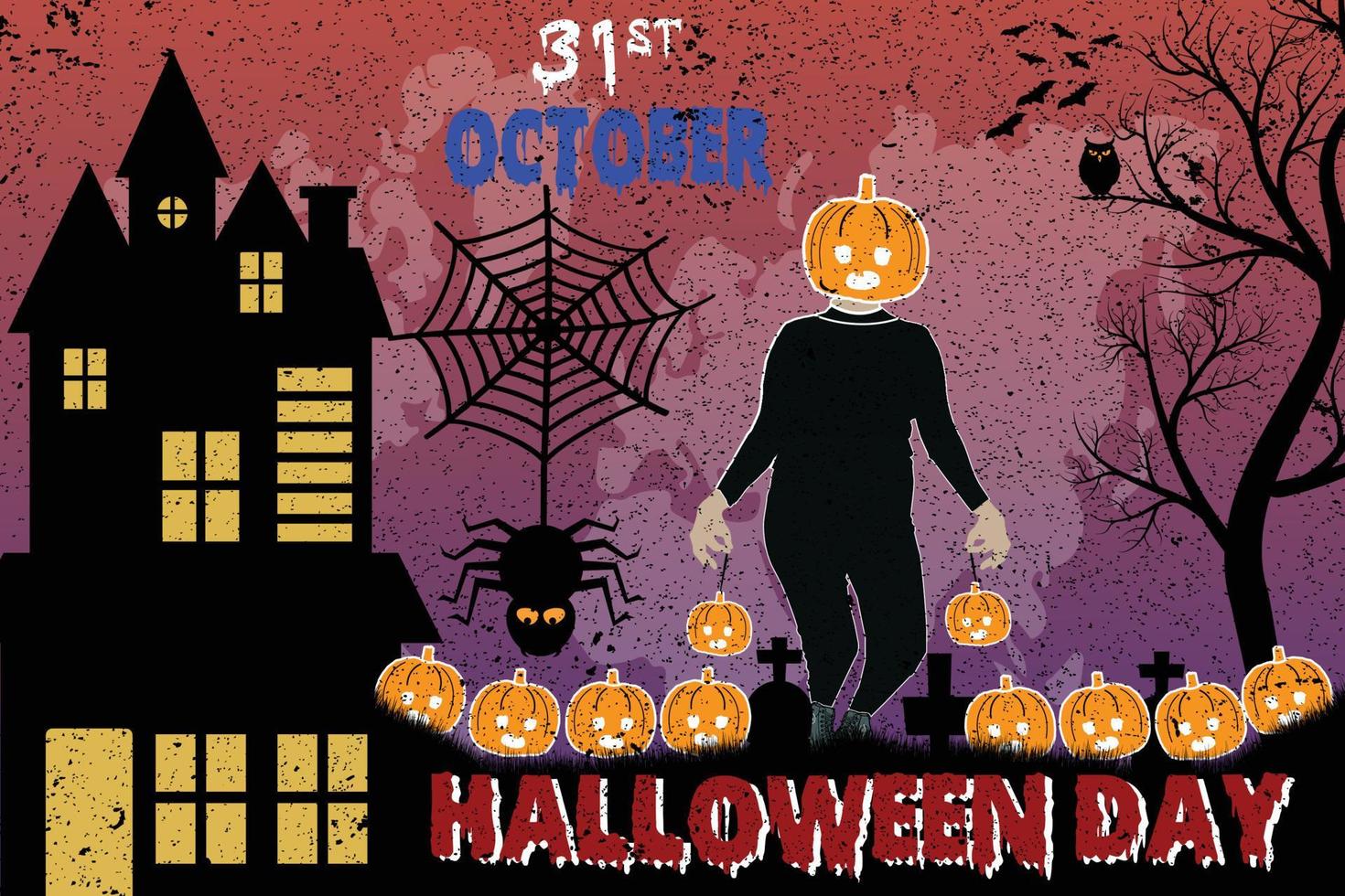 fondo de concepto de halloween con hombre calabaza y noche de terror. vector