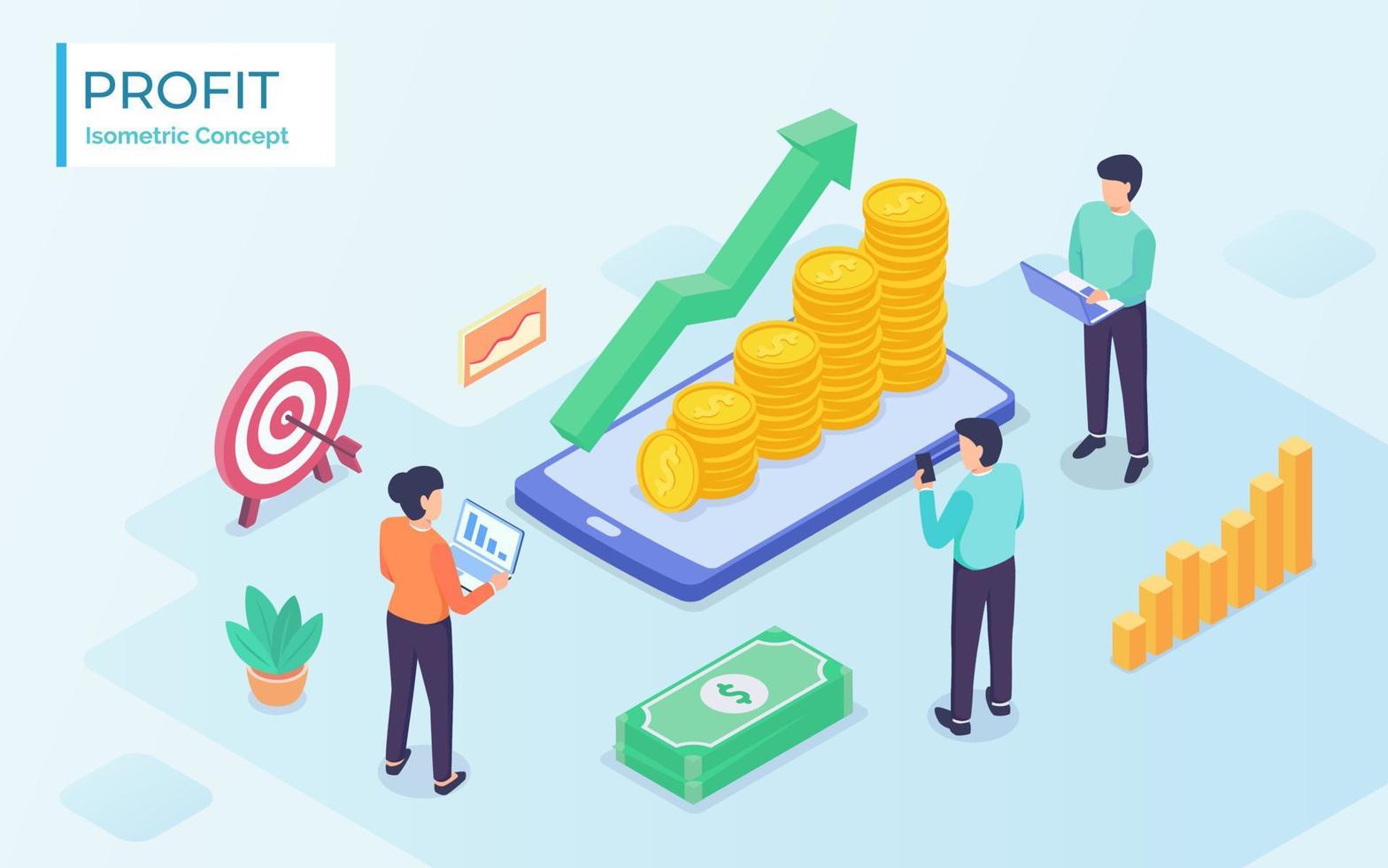 executives analyze the market to determine the company's sales targets to get the maximum profit with modern flat isometric cartoon illustration vector