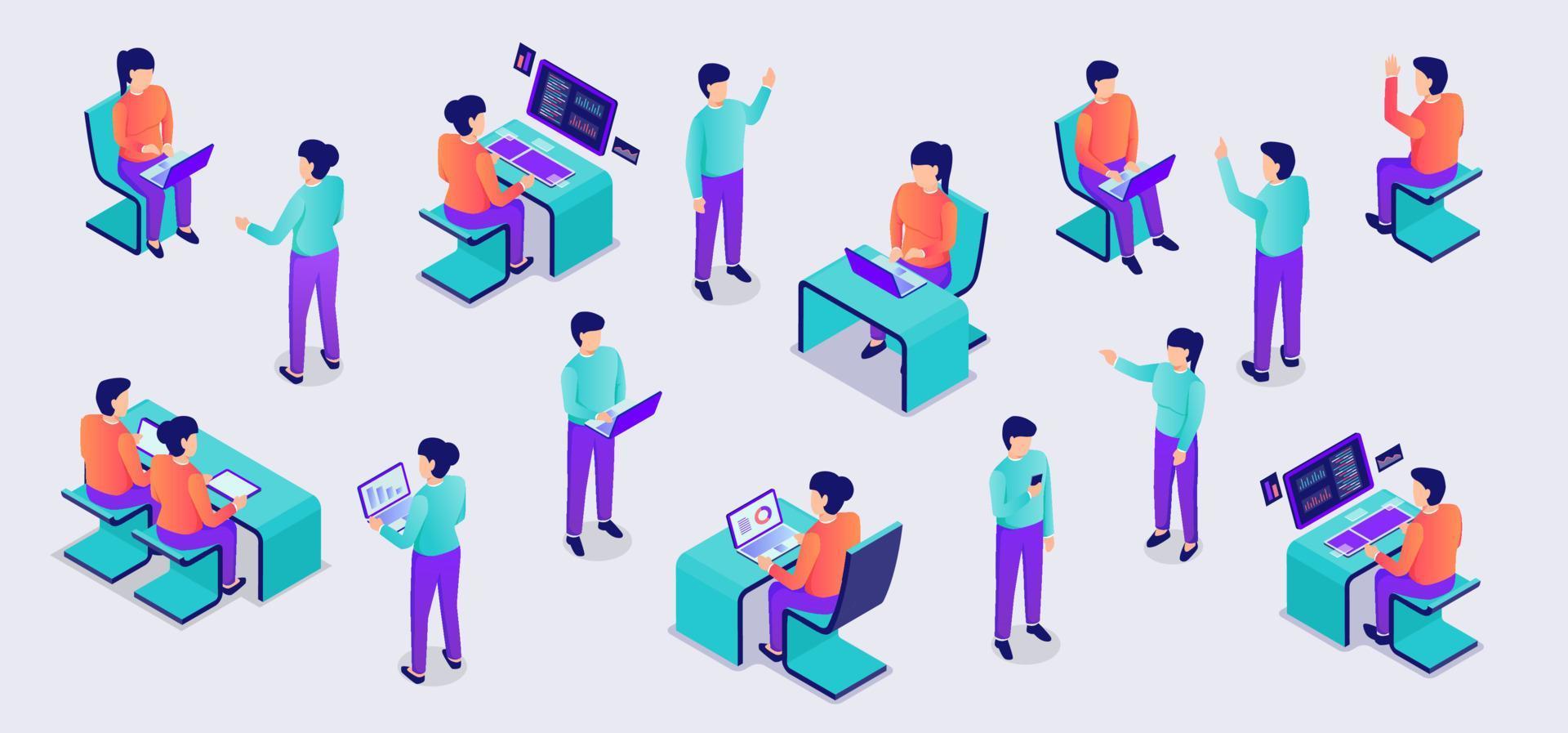 people set collection from office working with laptop on desk with modern isometric flat style vector