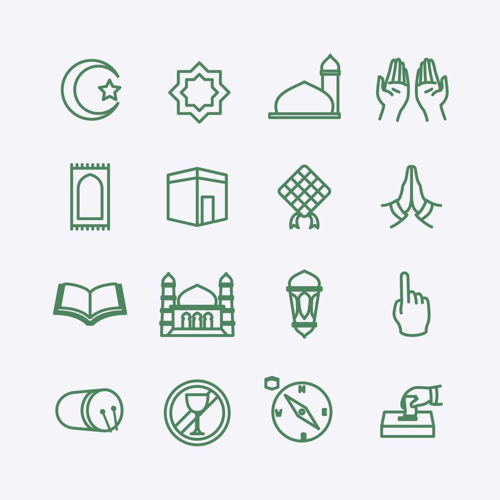 paquete de colección de conjunto de iconos musulmanes con estilo de línea perfecto para islam ramadan id mubarak mosque vector