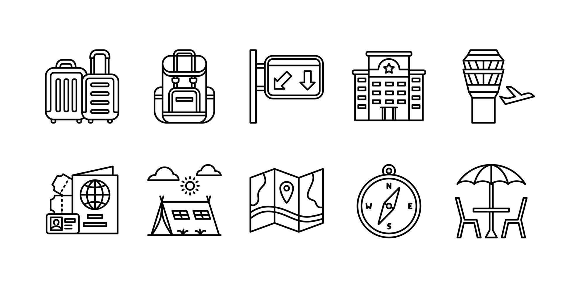 Travel icon set suitcase backpack traffic sign compass hotel navigation plane passport camping cafe with outline style.b vector